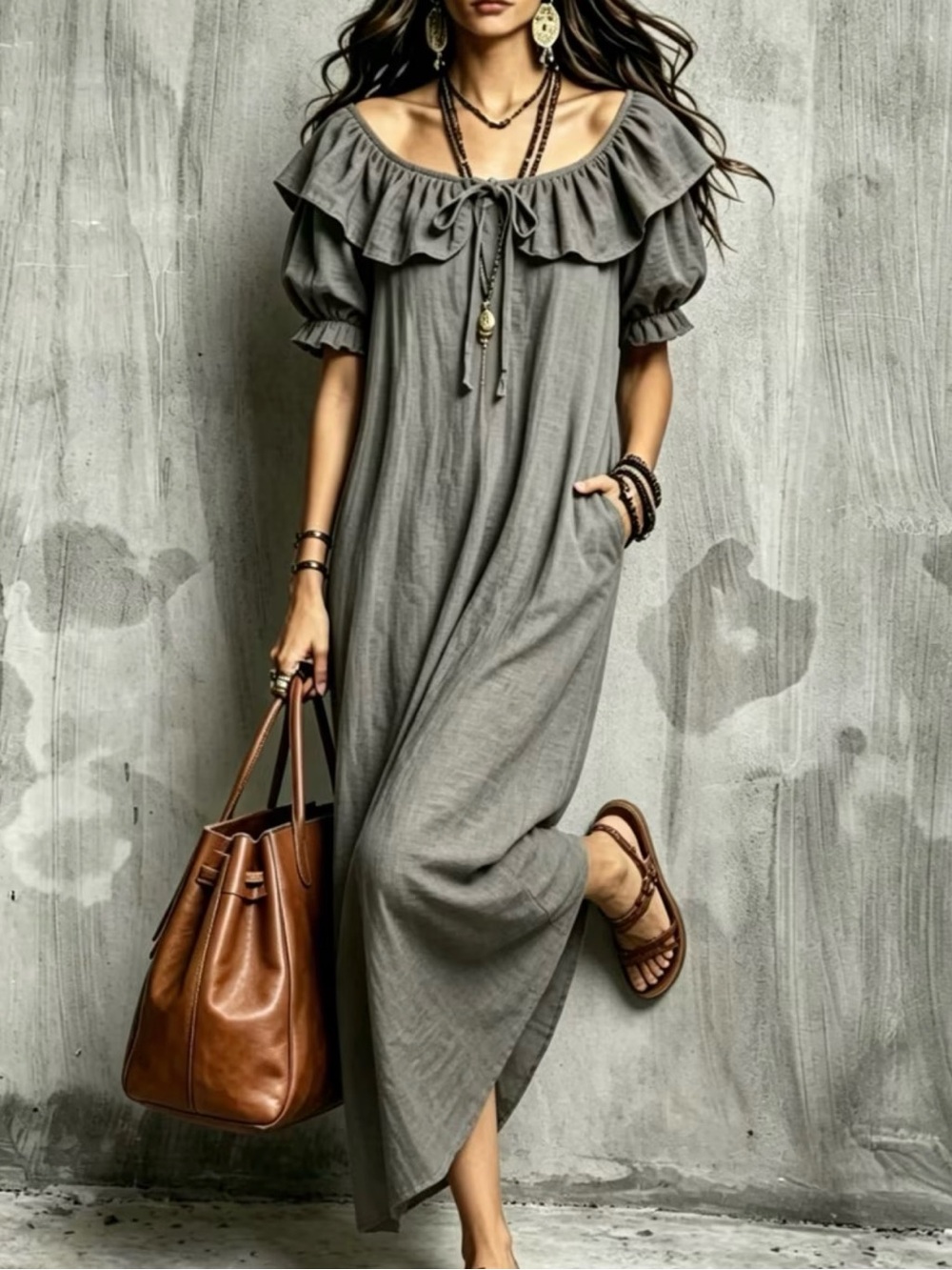 Off-Shoulder Ruffle Maxi Dress - Gray - Picture 5 of 8